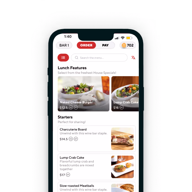 Mobile app screen showing a restaurant menu with sections for Lunch Features and Starters, including items like Naked Cheese Burger, Lump Crab Cake, Charcuterie Board, and Slow-roasted Meatballs with prices.