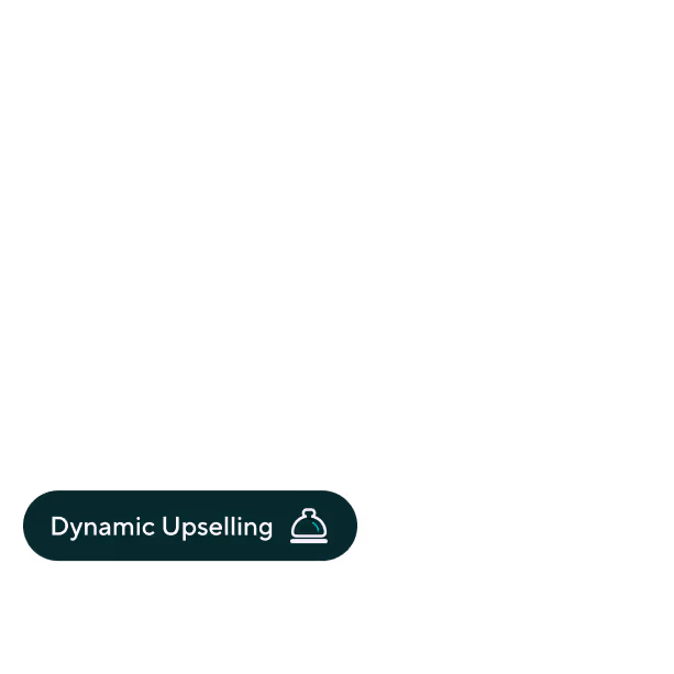 Icon of a bell next to the text 'Dynamic Upselling' inside a dark rounded rectangle.