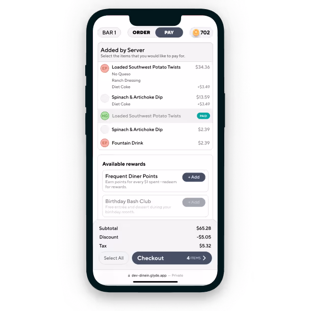 Mobile app screen showing a restaurant bill with items loaded by server, available rewards, subtotal, discount, tax, and a checkout button.