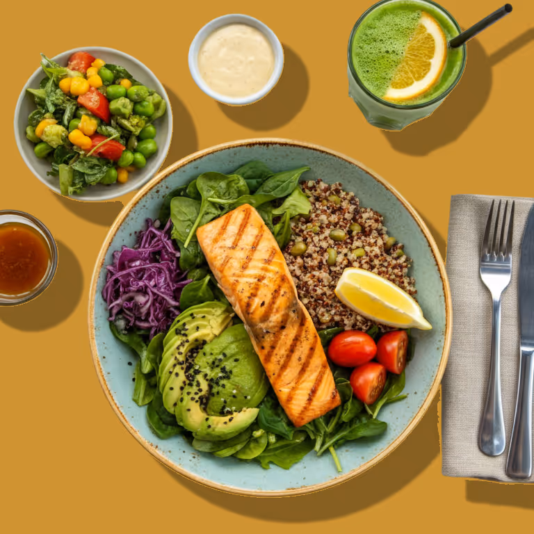 Plate with grilled salmon, sliced avocado, quinoa, cherry tomatoes, spinach, and purple cabbage, accompanied by salad, dressings, and a green smoothie with lemon slice.