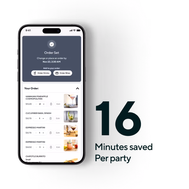 Smartphone screen showing a drink order summary with options to edit items and buttons to order drinks or bites.