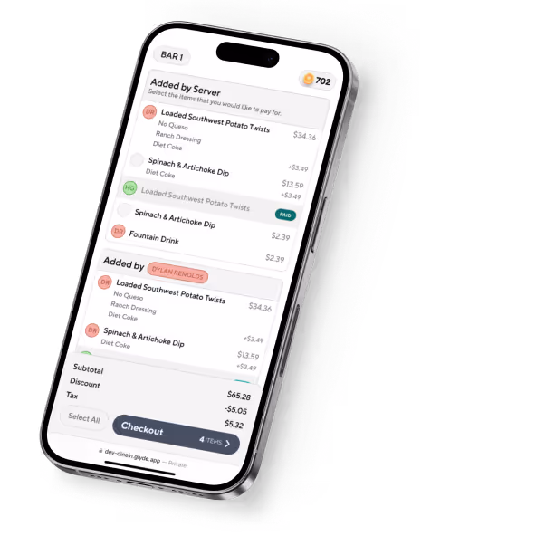 Smartphone screen displaying a restaurant bill splitting app showing items added by server and by a user, with prices, subtotal, discount, tax, and a checkout button.