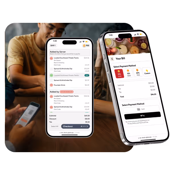 Two smartphones showing a restaurant billing app interface with an itemized order list on the left phone and payment options on the right phone.