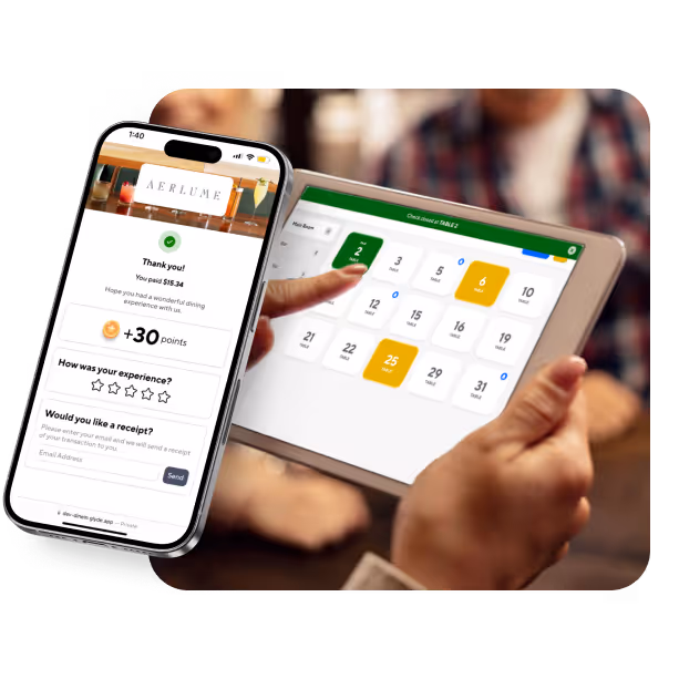 A person using a tablet showing a table seating interface while a smartphone displays a payment confirmation and feedback form for a dining experience.