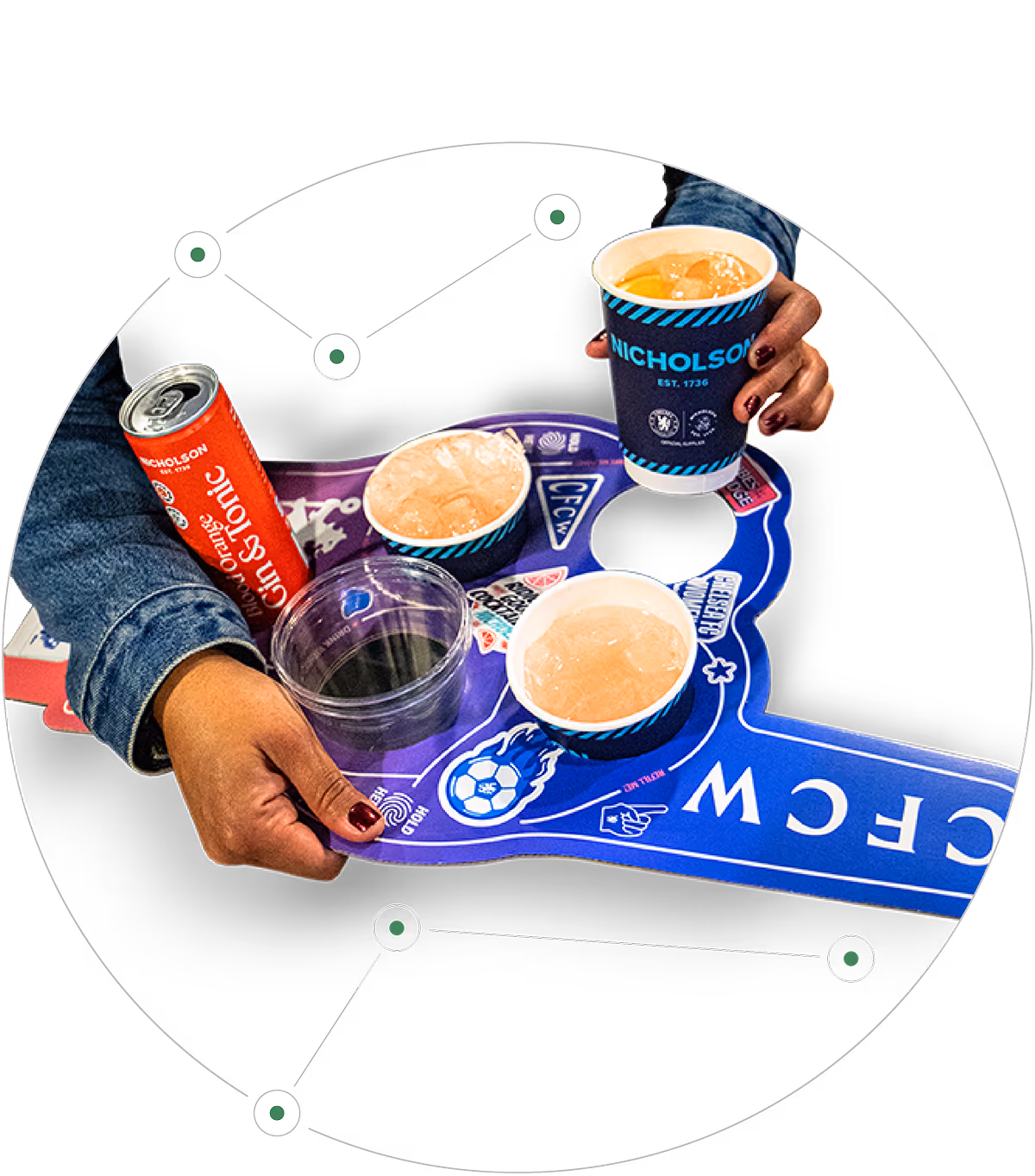 A person holds a Chelsea FC branded drink carrier tray with cups of beverages and a canned cocktail.