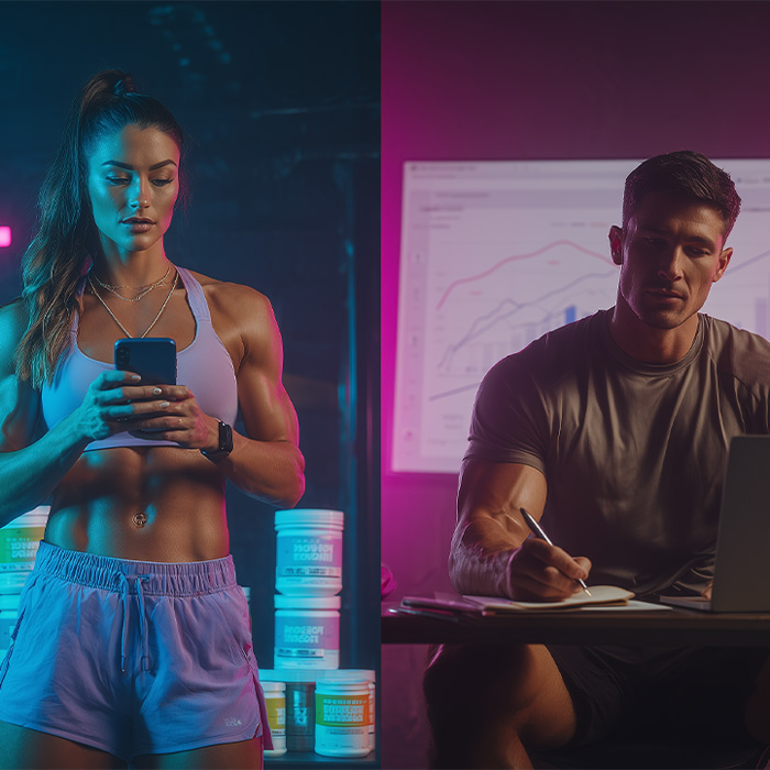 Split-screen photorealistic image of two fitness coaches. Left side: flashy fitness influencer with perfect abs posing for social media, holding a phone, surrounded by fake-looking supplement tubs, exaggerated and over-the-top, bright neon aesthetic. Right side: serious evidence-based coach in a training environment, sitting with a laptop and clipboard, subtle graphs and client progress charts in the background. 