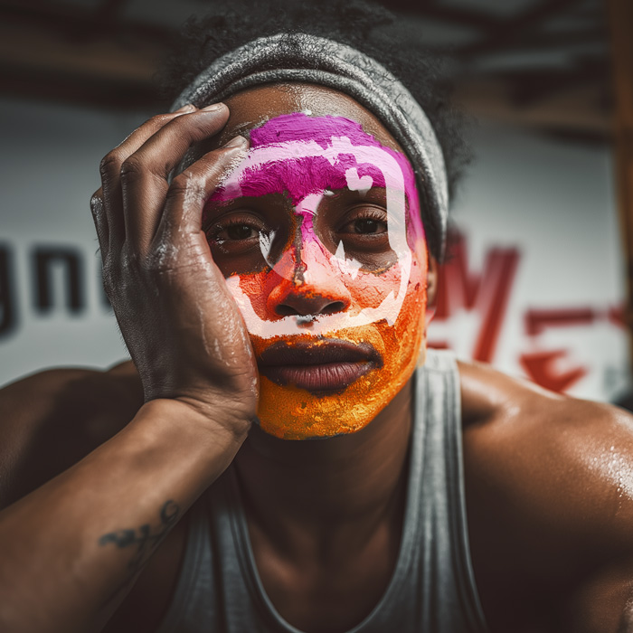 A tired fitness coach rests her head on her hand inside a gym, with the Instagram logo painted and peeling across her face, symbolising burnout and frustration from relying on social media. Bold text beside her reads “Blaming the Algorithm?” in a bright Instagram-style gradient.