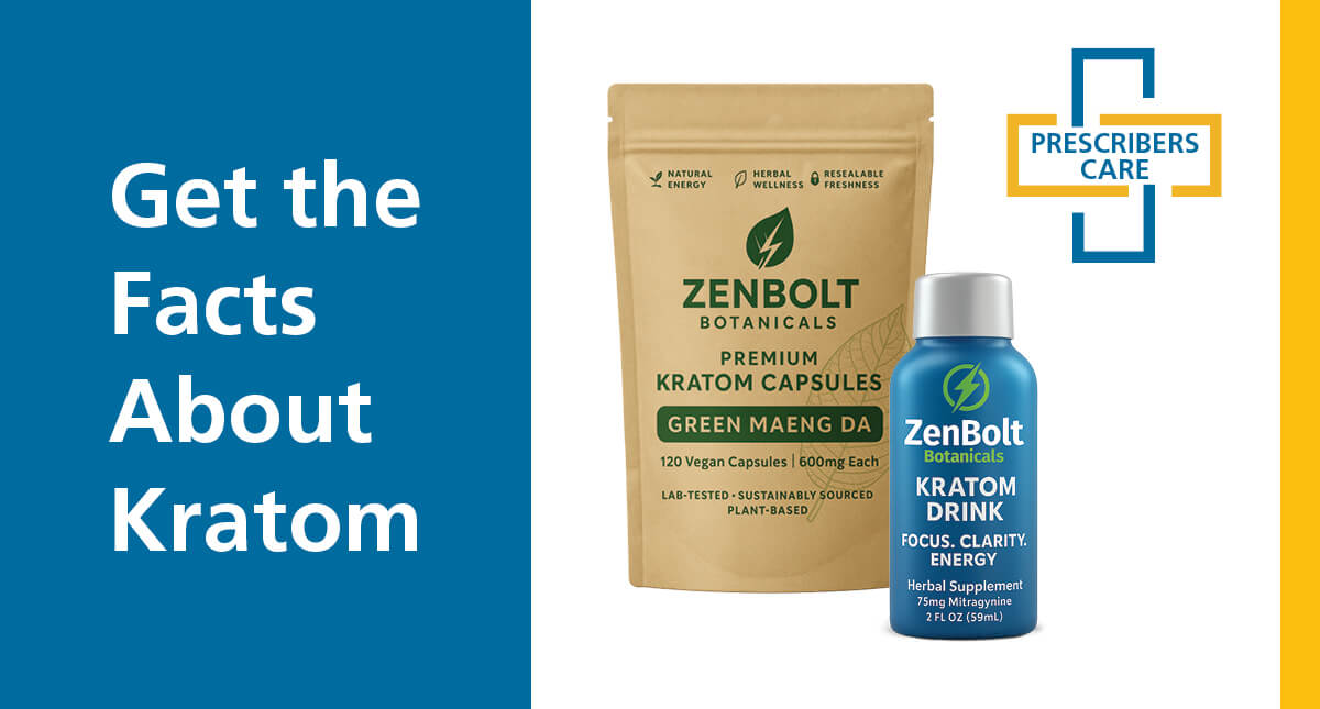 Includes image of packaging of kratom products, and the text "Get the facts about kratom"