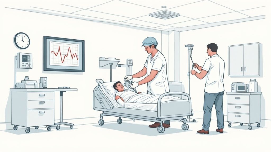 Medical professionals monitoring a patient in a hospital bed, symbolizing post-cardiac arrest care.
