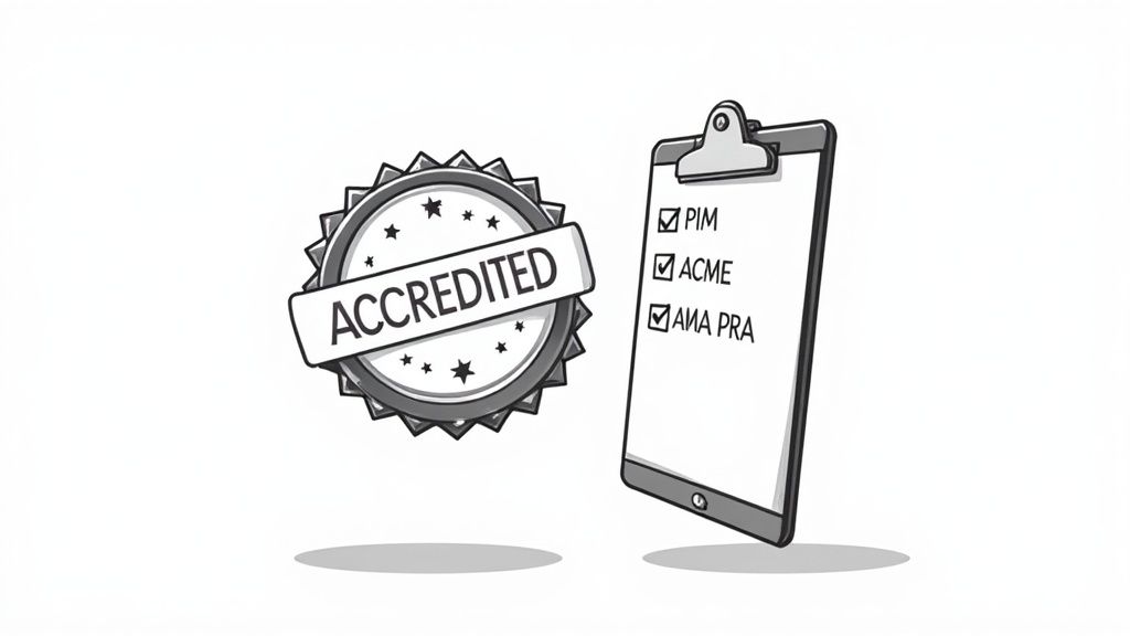 A healthcare professional confidently reviews a digital certificate on a tablet, symbolizing the modern, convenient approach to continuing education.