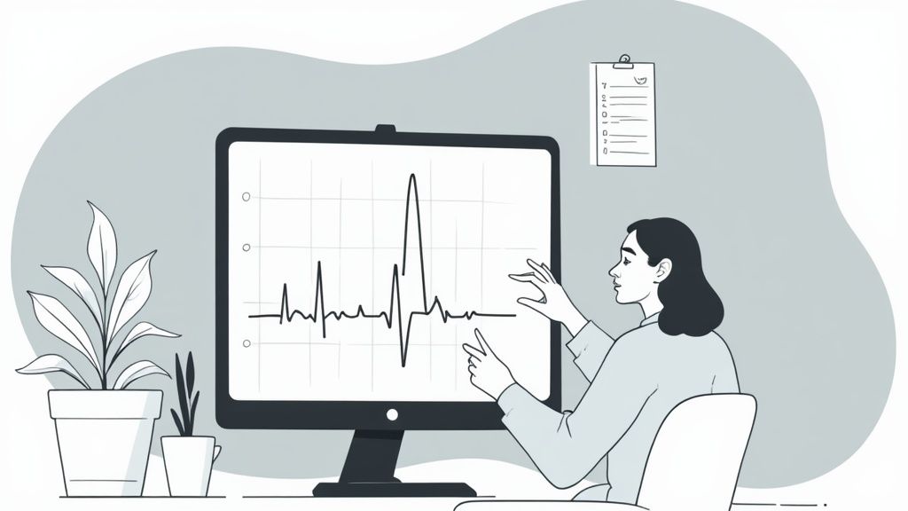 Healthcare professional analyzing EKG heart rhythm waveform displayed on computer monitor screen