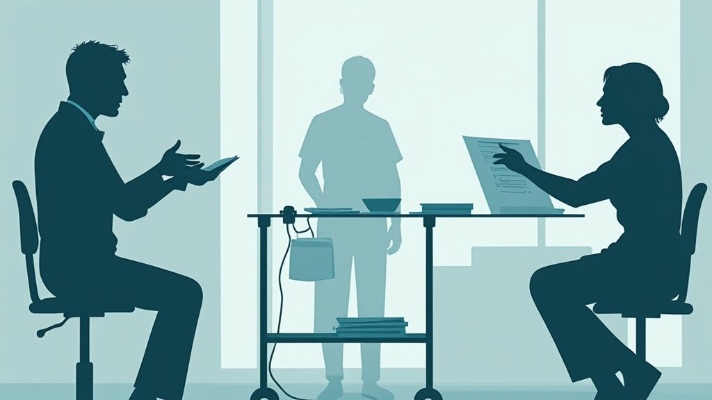 Two healthcare professionals reviewing medical documents and discussing patient care procedures at desk