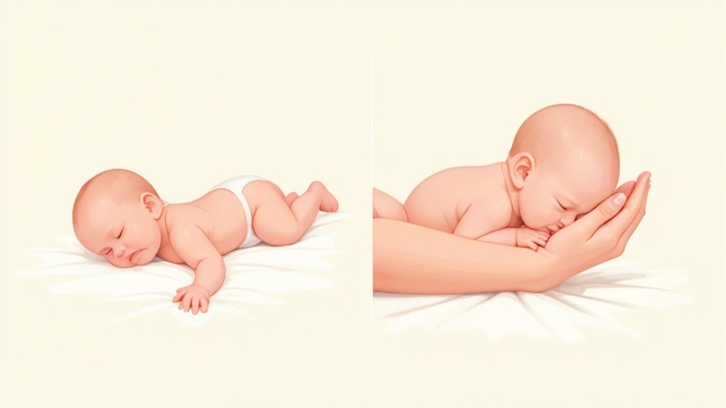 Two newborn babies sleeping peacefully demonstrating safe infant sleep positions on white surface