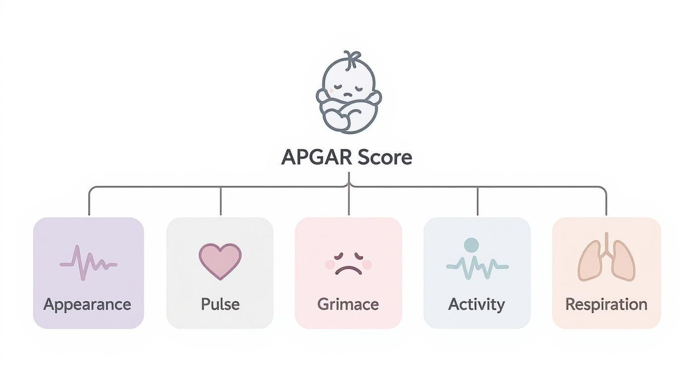 APGAR Score diagram showing five assessment categories: Appearance, Pulse, Grimace, Activity, and Respiration with icons