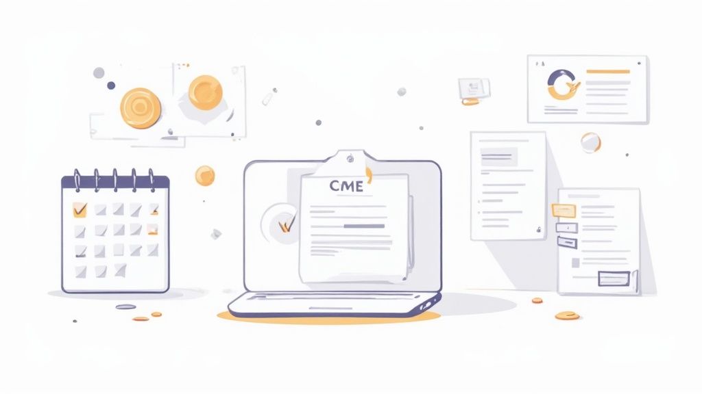 Digital illustration featuring a laptop with CME documents, a calendar, and scattered gold coins.