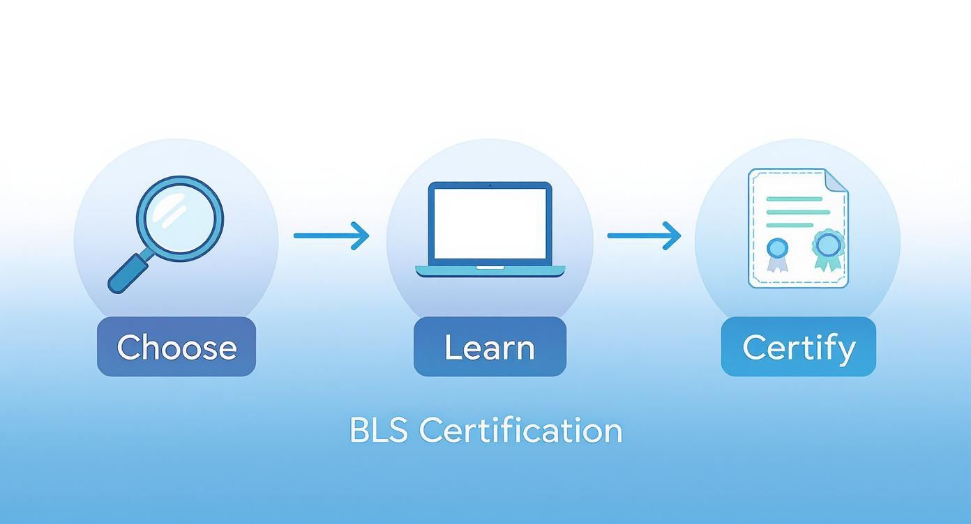 Infographic illustrating the online BLS certification process: choose, learn, and get certified.