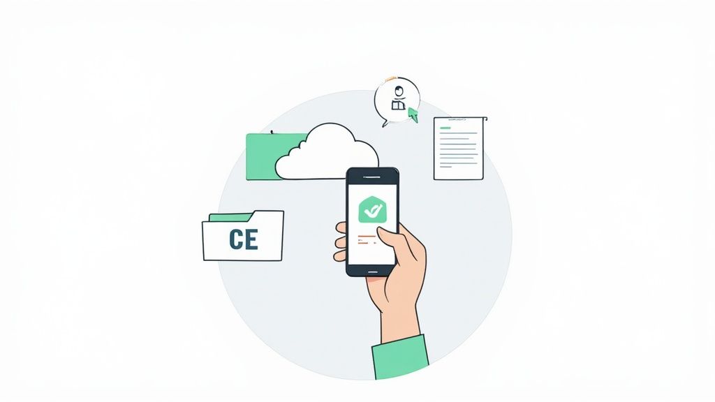 A hand holds a smartphone with a green checkmark, surrounded by folders, a cloud, and a document, symbolizing digital education.