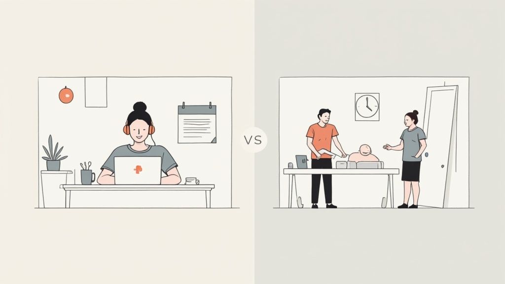 Illustration comparing a focused remote worker with parents managing childcare and work challenges.