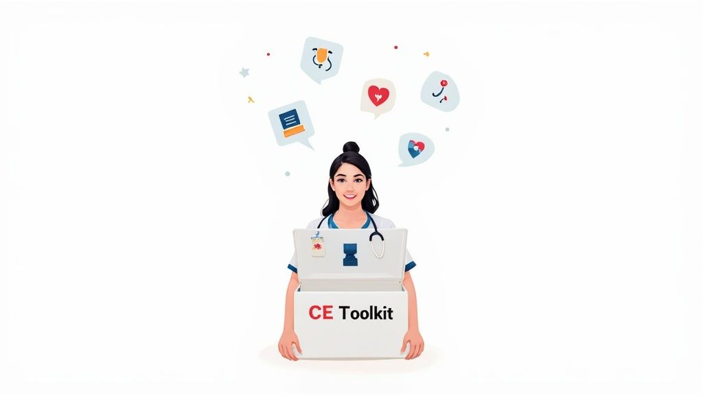 A smiling nurse holds an open 'CE Toolkit' box, with medical icons floating above her head.