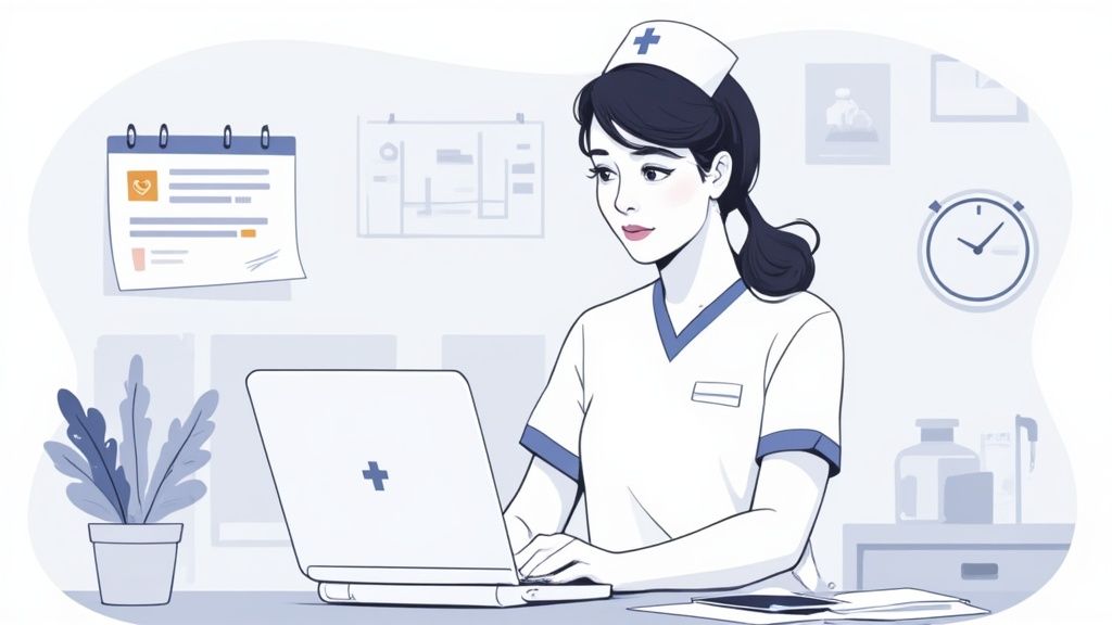 A female nurse in uniform with a cap actively works on a laptop at her desk.