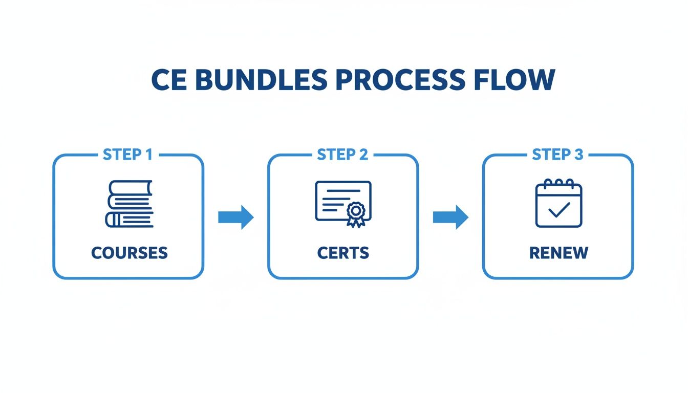 A process flow chart illustrating three steps for CE bundles: Courses, Certs, and Renew.