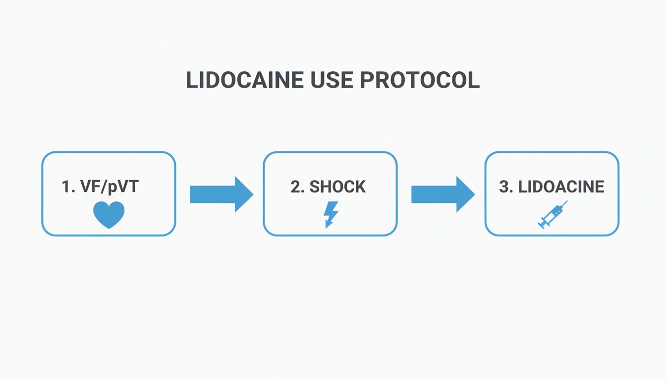 A flowchart outlining the Lidocaine Use Protocol, starting with VF/pVT, followed by Shock, then Lidocaine.