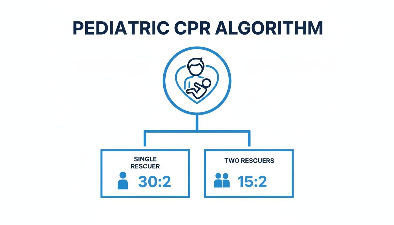 Pediatric CPR algorithm flow chart showing compression to breath ratios for single and two rescuers.