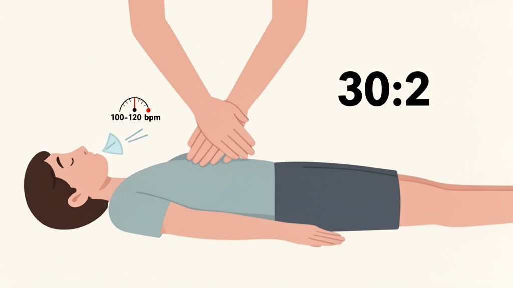 Illustration of CPR showing chest compressions, rescue breaths, a 30:2 ratio, and 100-120 bpm rate.