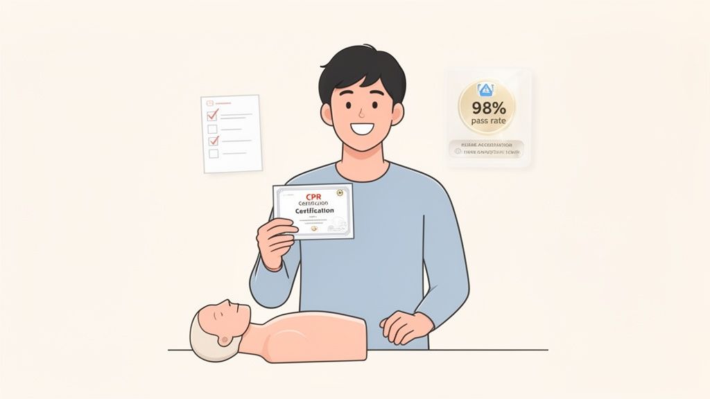 A smiling man holds a CPR certification certificate with a training manikin nearby, indicating successful completion.