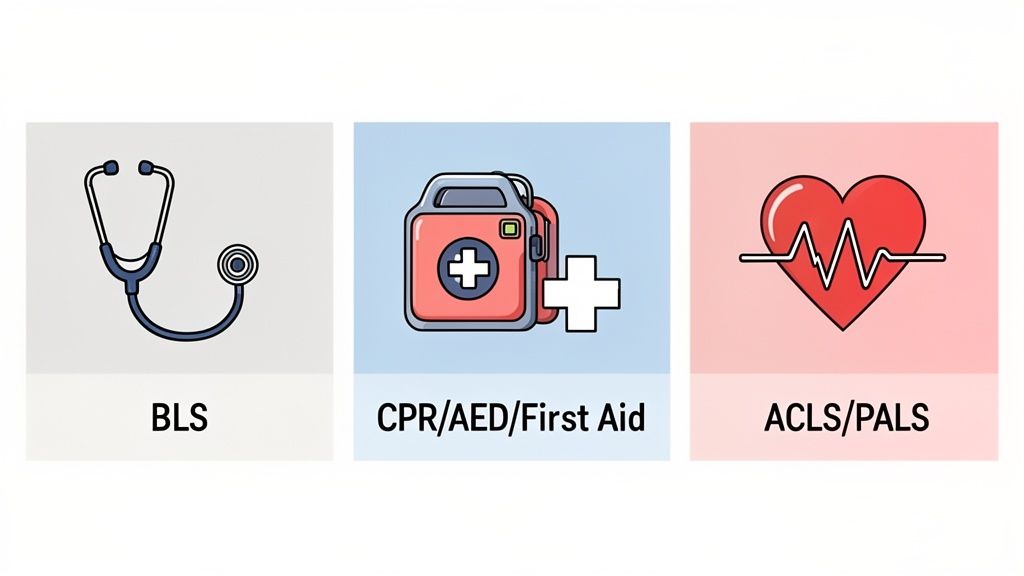 Three icons representing medical certifications: BLS (stethoscope), CPR/AED/First Aid (kit), and ACLS/PALS (heart with ECG).