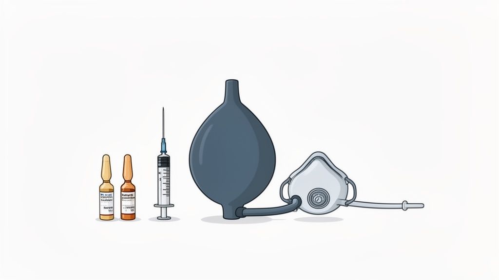 A set of essential medical equipment for emergencies, featuring ampoules, a syringe, a resuscitation bag, and a mask.
