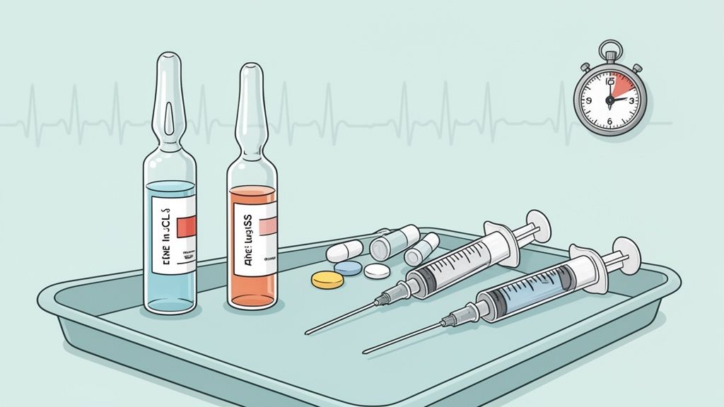 Medical supplies including vials, syringes, pills, and a stopwatch on a tray with an EKG background.