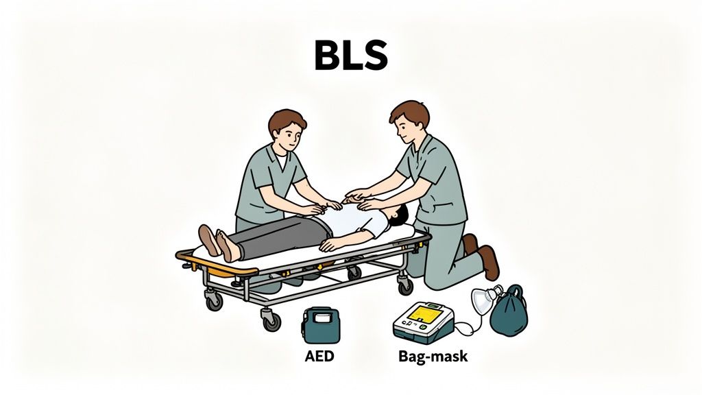 Two medical personnel perform CPR on a patient on a stretcher with an AED and bag-mask nearby, illustrating BLS.