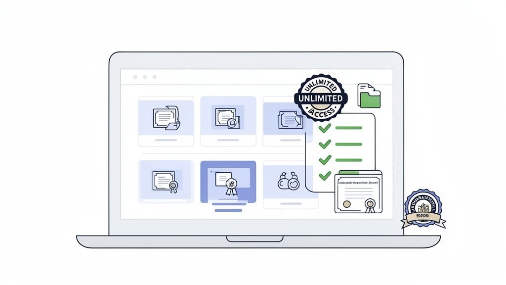 Laptop screen shows a platform for medical continuing education with unlimited access to certificates.