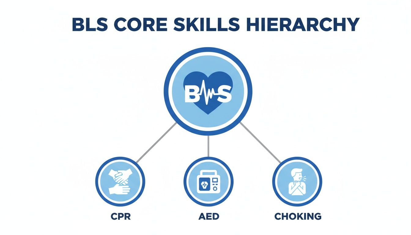 Hierarchy illustrating BLS core skills: CPR, AED, and choking emergency response.
