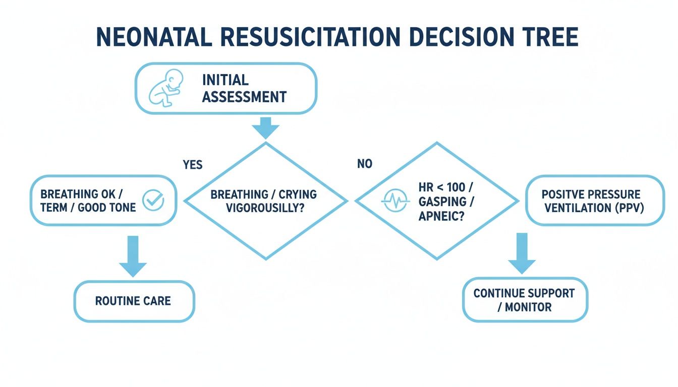 Flowchart illustrating the neonatal resuscitation decision tree, guiding from initial assessment to intervention or routine care.
