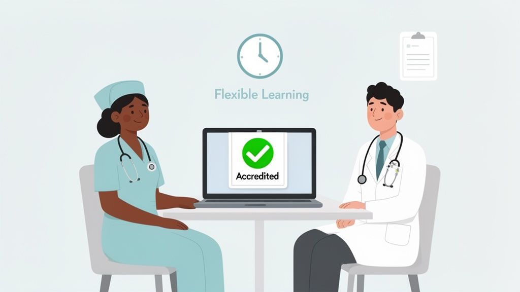 Cartoon illustration of a nurse and doctor learning online, highlighting flexible and accredited certification.
