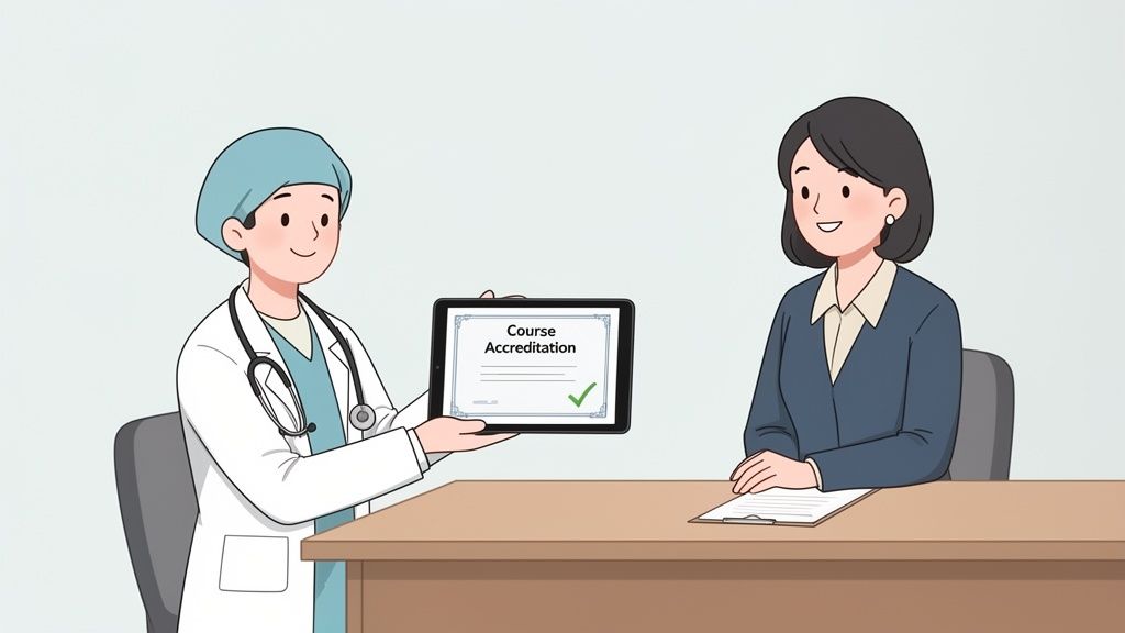 A healthcare professional shows a woman a tablet displaying 'Course Accreditation' with a checkmark.
