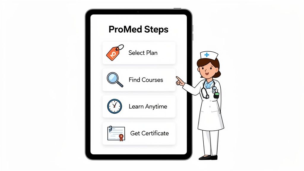 Cartoon nurse showing a tablet app with steps for medical education and certification.