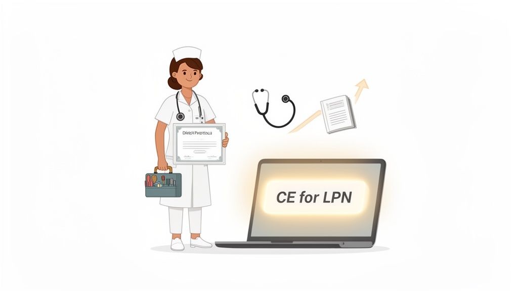 A cartoon nurse holds a diploma and medical bag, with a laptop displaying 'CE for LPN' and a growth arrow.
