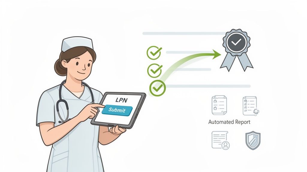 Cartoon nurse submits LPN data on a tablet, illustrating a digital certification and automated reporting process.