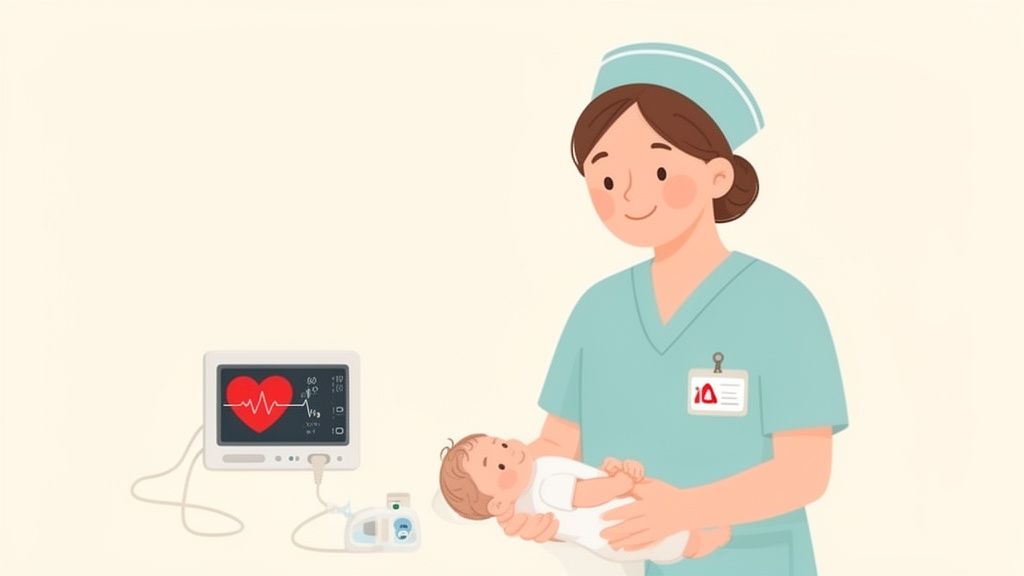 A smiling nurse in scrubs and cap holds a baby next to a medical monitor with heart rate.