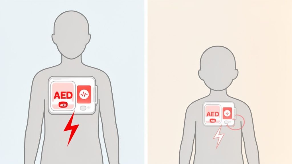 Illustration showing proper AED pad placement for adults on the chest and children on the back.