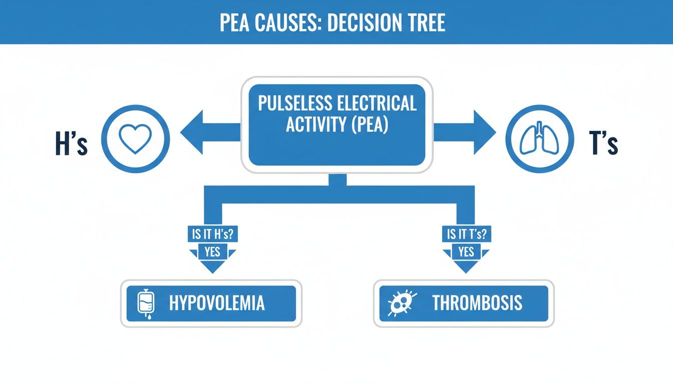 Decision tree illustrating Pulseless Electrical Activity (PEA) causes, including H's like Hypovolemia and T's like Thrombosis.