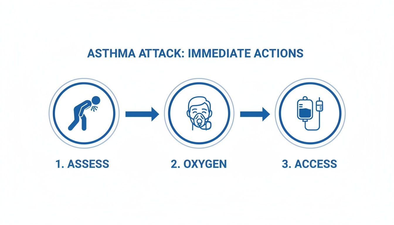 A three-step diagram outlining immediate actions for an asthma attack: assess, oxygen, and access.