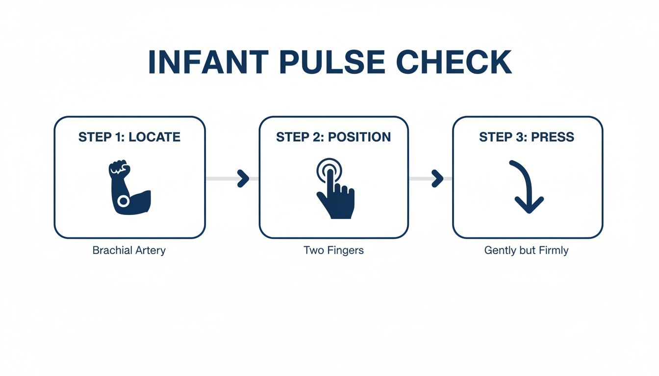 Infographic illustrating three steps for an infant pulse check: locate, position, and press.