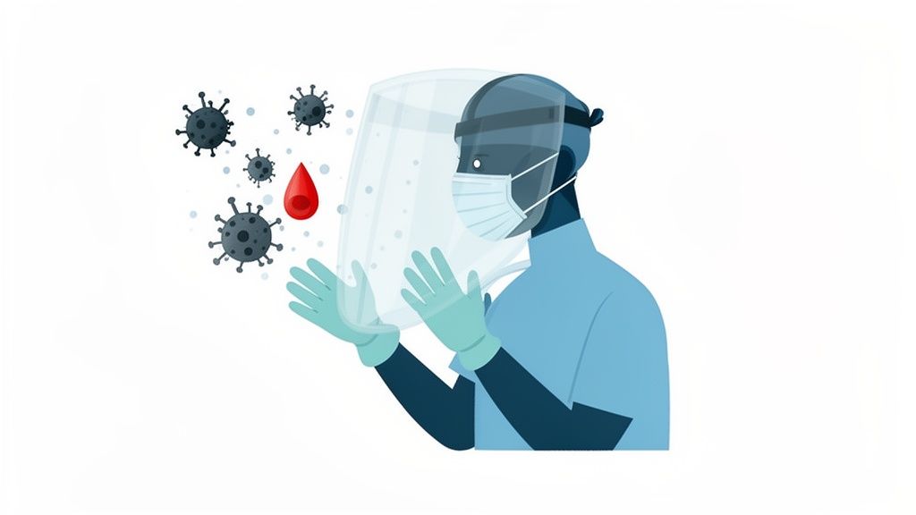 Medical professional in full PPE observes virus particles and a blood drop, representing pathogen exposure.