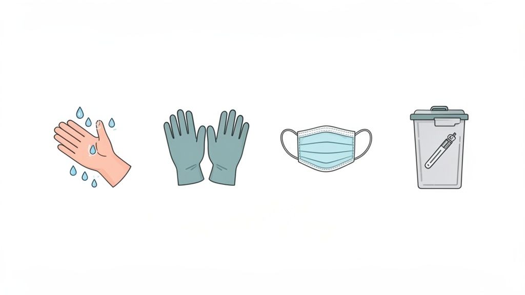 Illustration of hand washing, gloves, face mask, and disposing of a sharp object in a bin.