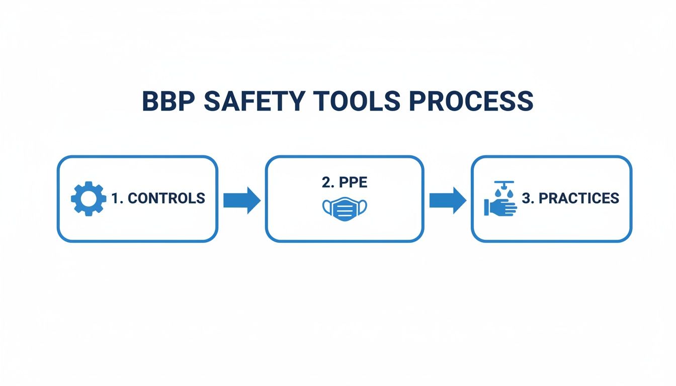 Flowchart illustrating the BBP Safety Tools Process with steps for Controls, PPE, and Practices.