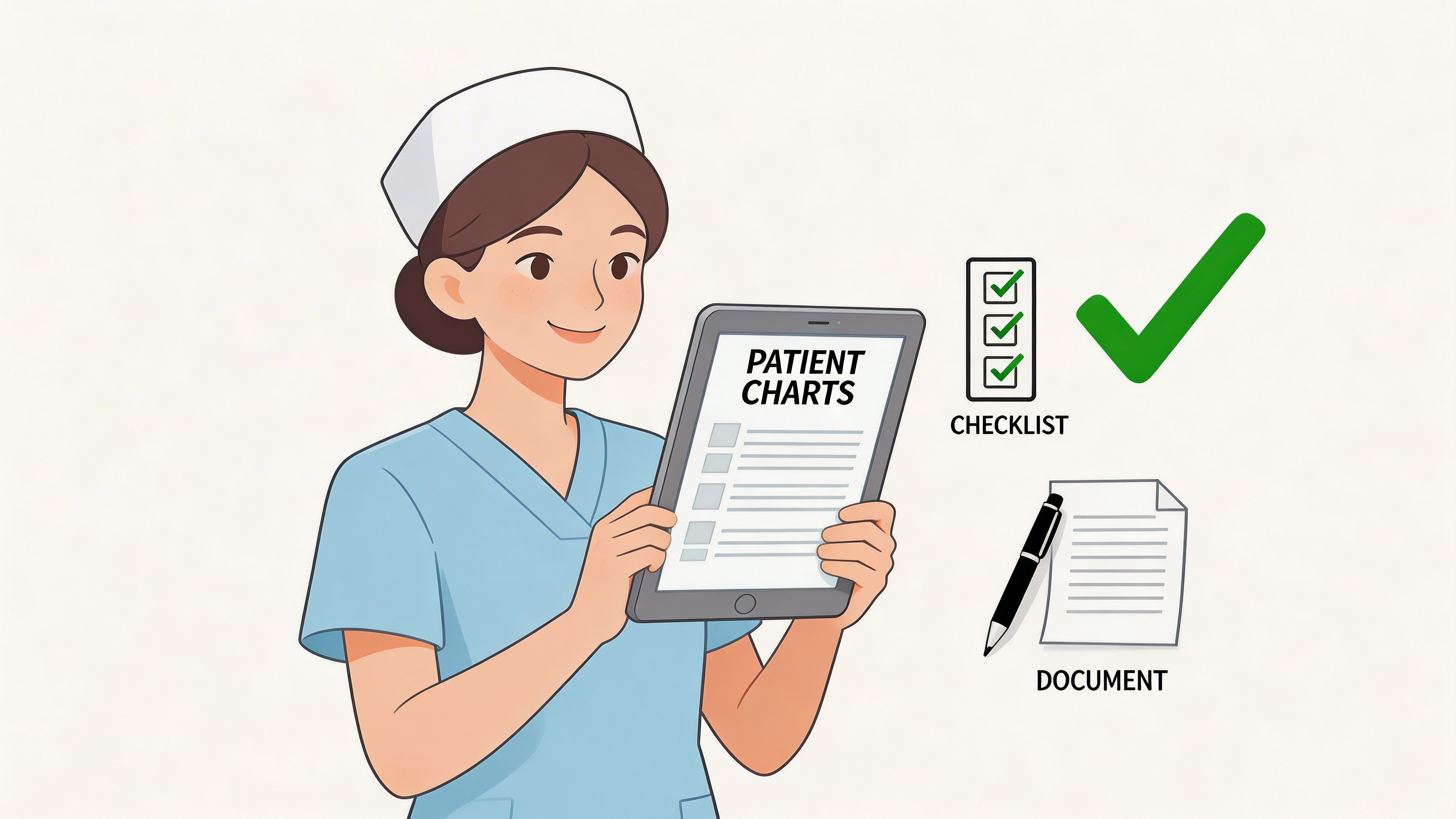 A smiling nurse reviewing digital patient charts on a tablet, with icons for a checklist and documentation.